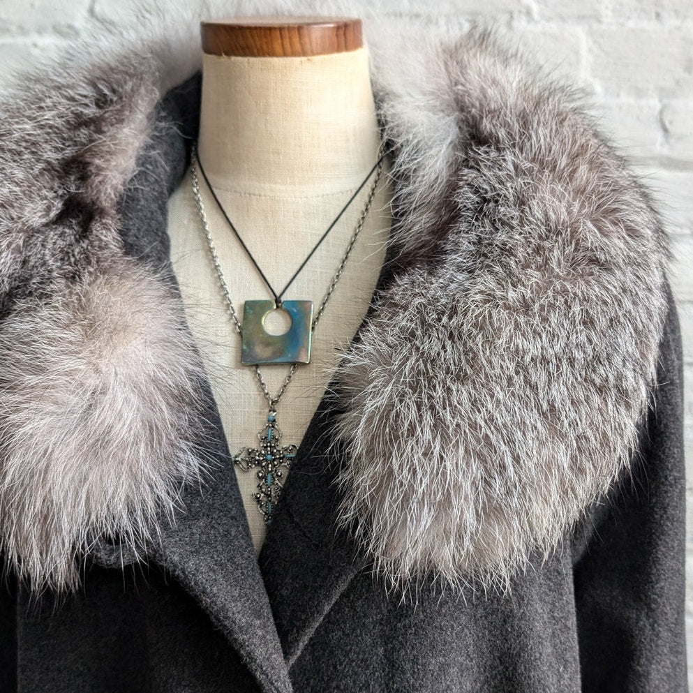 Vintage Gray Wool Fox Fur Penny Lane Coat Dark Academia Trench Afghan Jacket