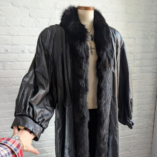 Vintage Black Leather Fox Fur Penny Lane Trench Coat Minimalist Duster Jacket
