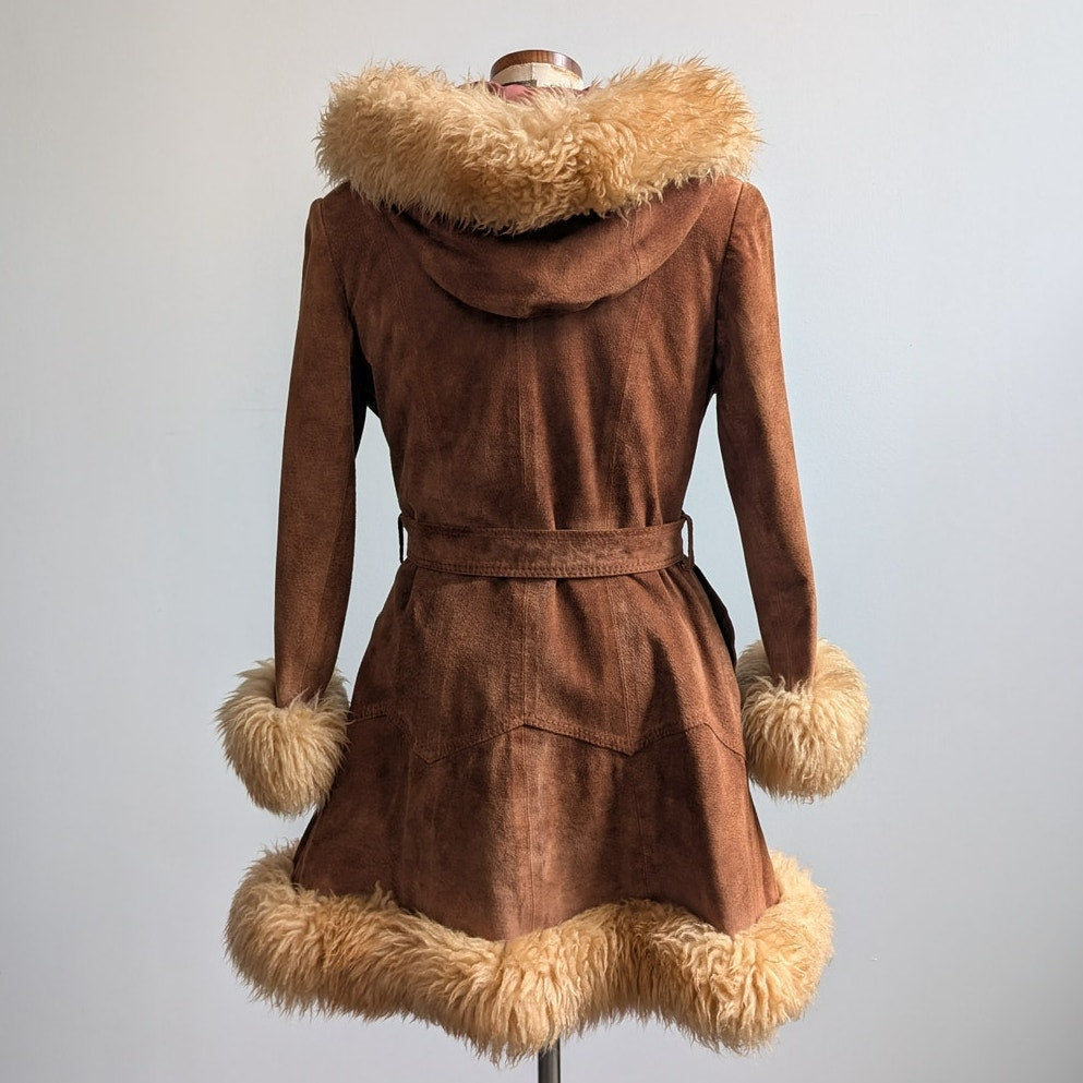 Vintage Brown Suede Coat Penny Lane Jacket Leather Trench Fur Coat Afghan Small