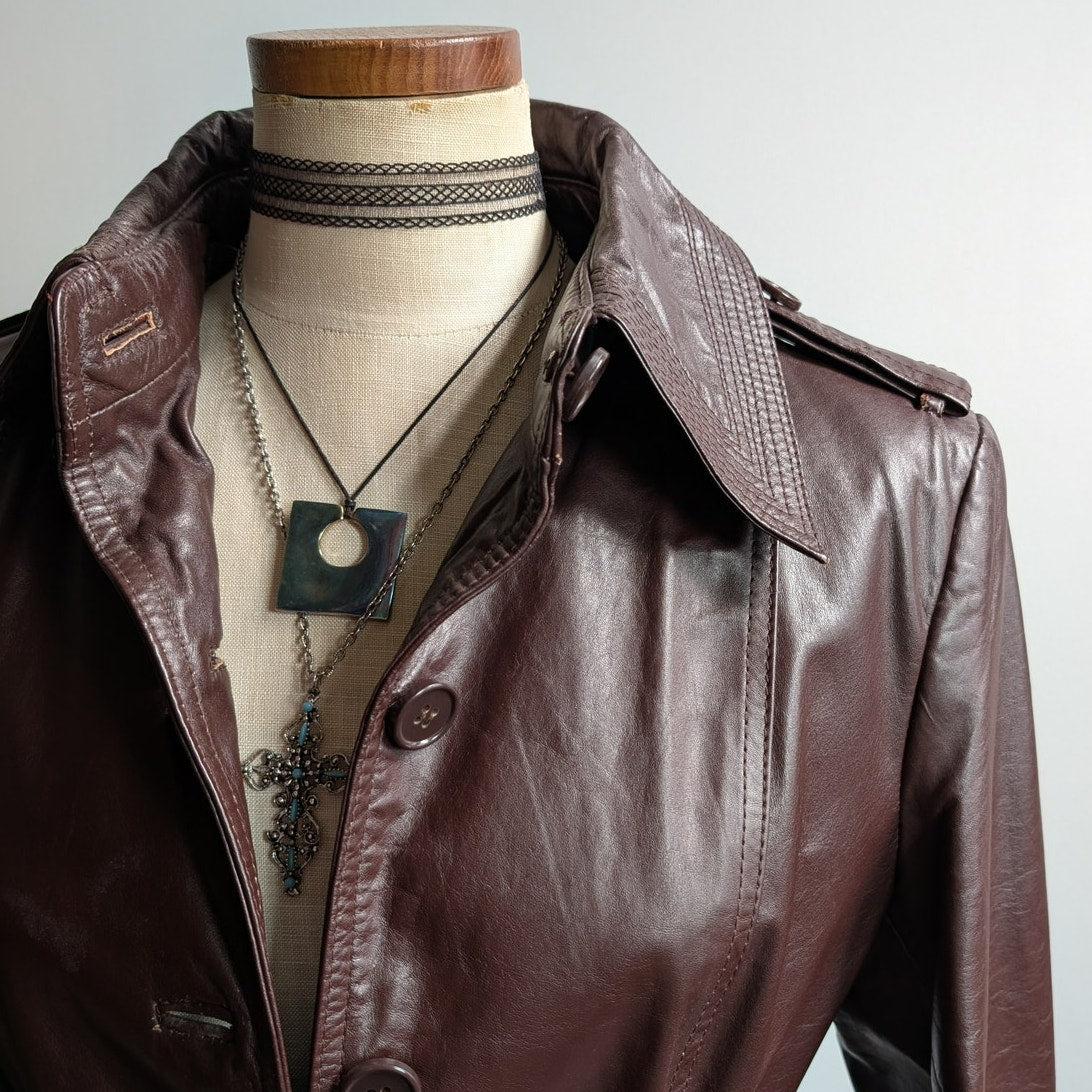 Vintage Brown Red Leather Jacket Minimalist Grunge Chic Biker Trench Coat Large