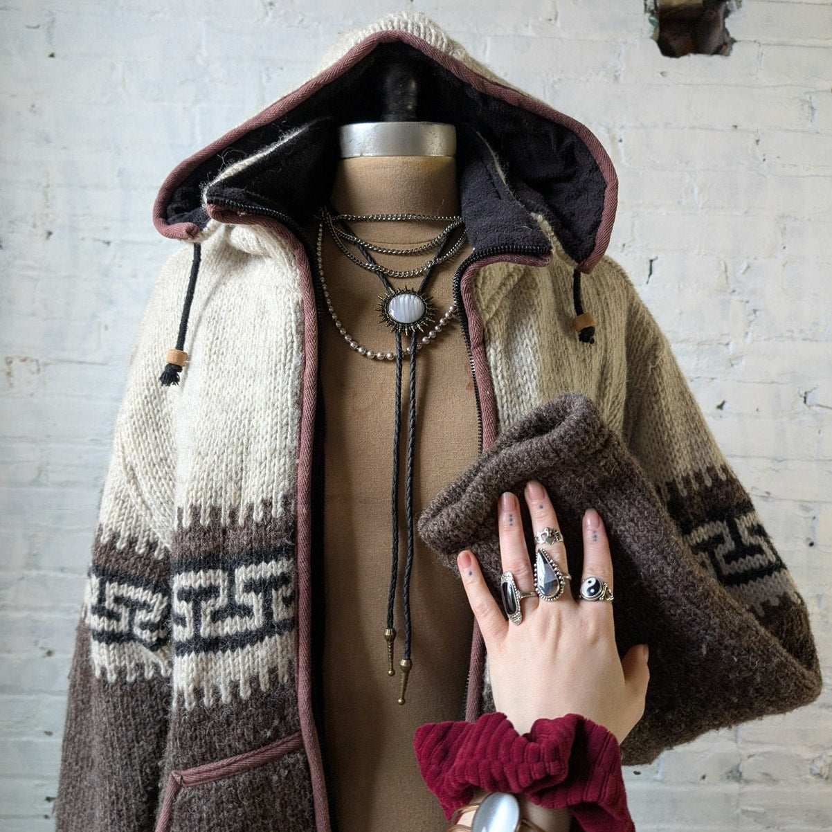 Vintage Hand Knit Wool Fleece Jacket Fuzzy Chunky Grandpa Sweater Nordic Coat