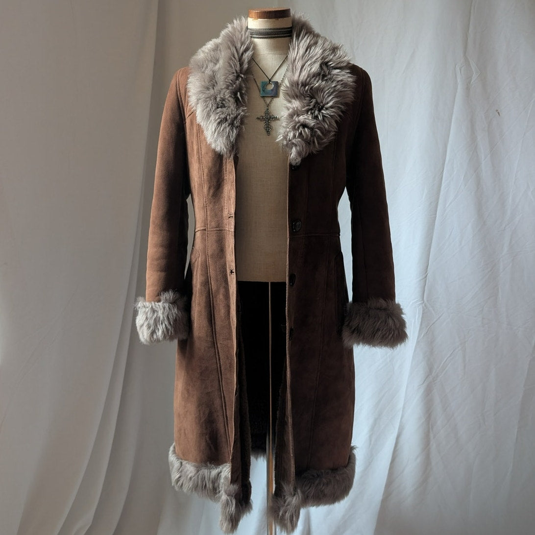 Vintage Brown Suede Penny Lane Jacket S Fur Furry Leather Groovy Mod Trench Coat