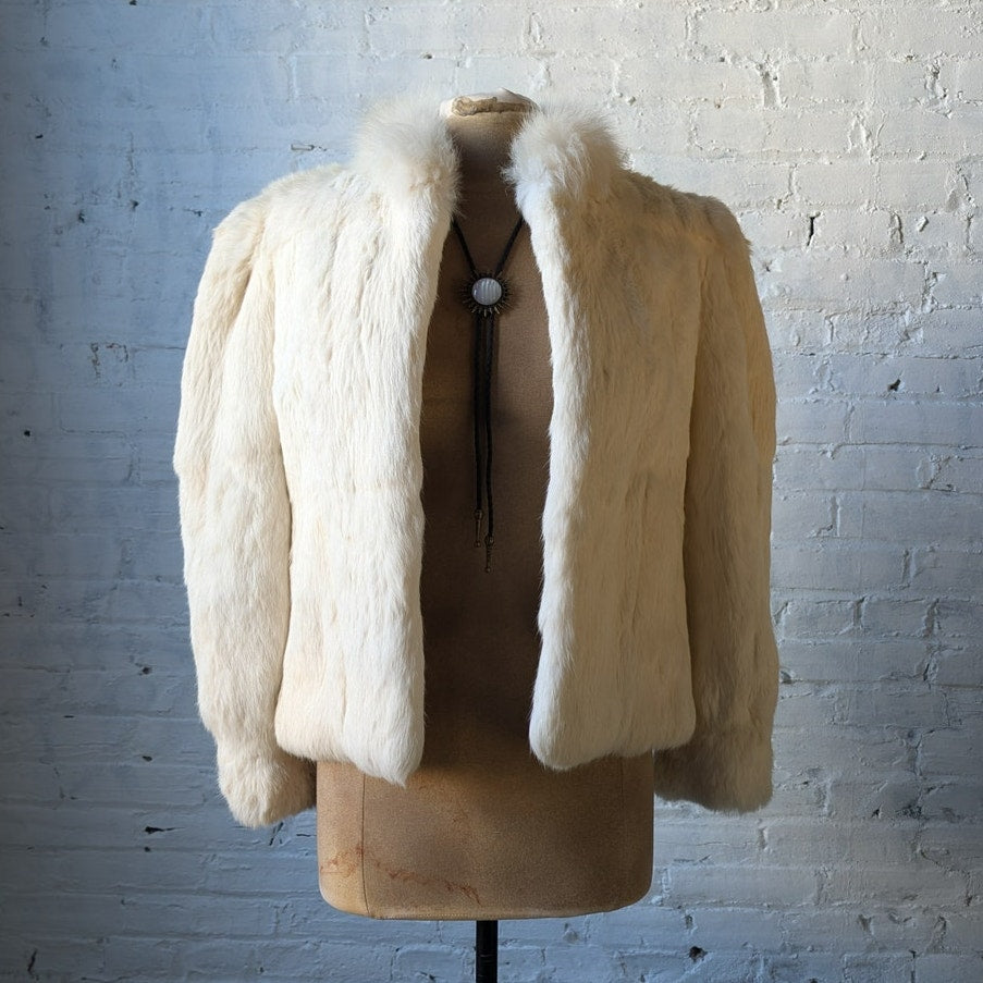 Vintage White Rabbit Fur Coat Mob Wife Minimalist Furry Boho Chic Glam Jacket