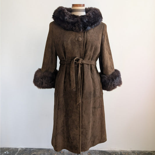 Vintage Brown Suede Penny Lane Jacket Fur Trim Leather Groovy Trench Coat Large