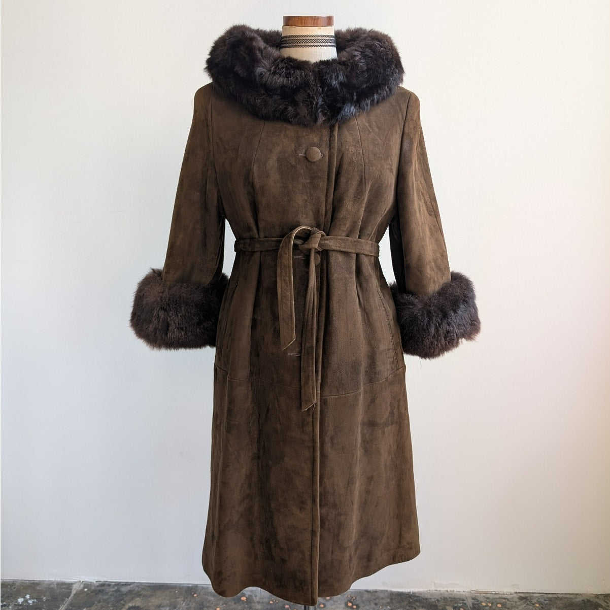 Vintage Brown Suede Penny Lane Jacket Fur Trim Leather Groovy Trench Coat Large
