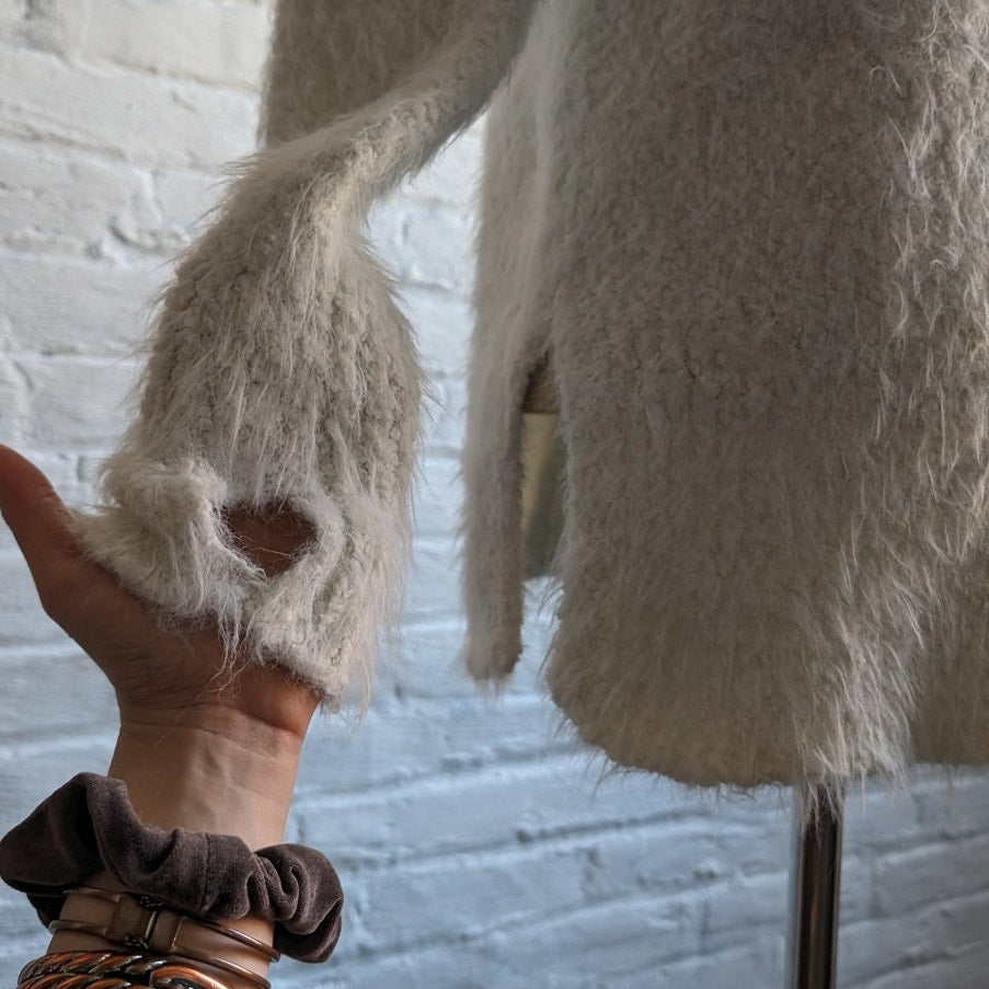 Vintage White Fuzzy Knit Sweater Preppy Furry Minimalist Turtleneck Top Small