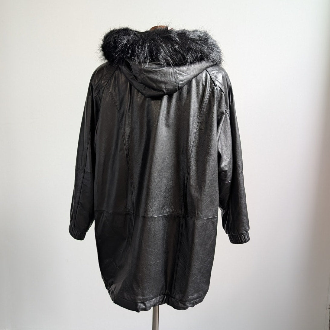 Vintage Black Leather Jacket Penny Lane Fur Hooded Trench Coat Minimalist Medium