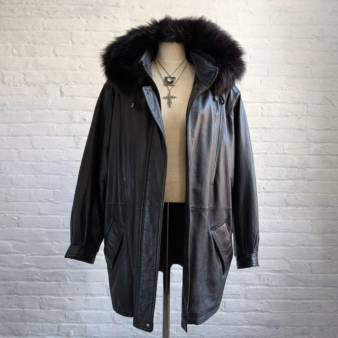 Vintage Black Leather Fox Fur Coat Penny Lane Minimalist Boho Moto Grunge Jacket