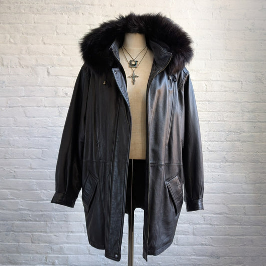 Vintage Black Leather Fox Fur Coat Penny Lane Minimalist Boho Moto Grunge Jacket