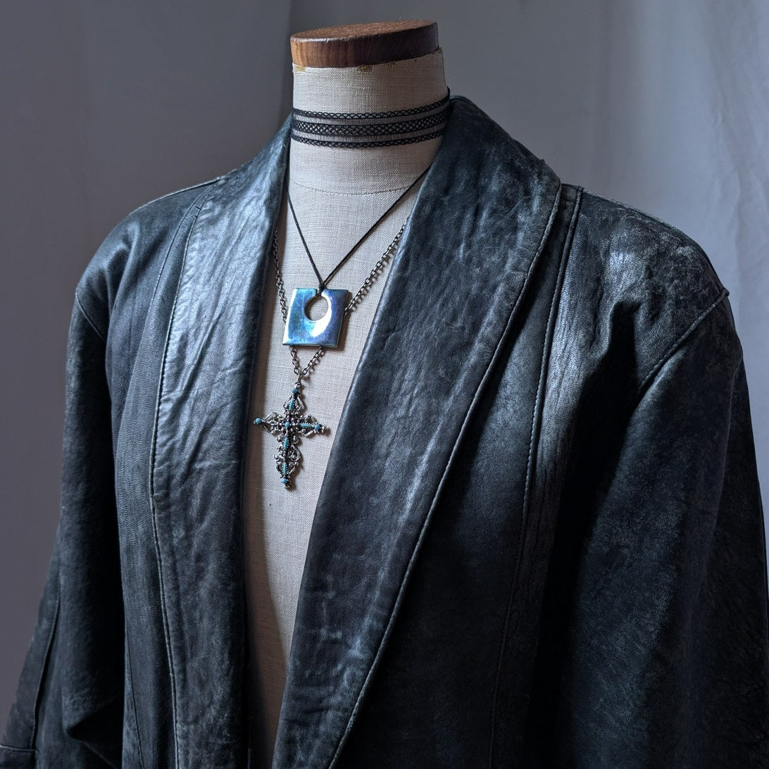 90s Vintage Black Leather Trench Coat L Slouchy Model Off Duty Leather Jacket