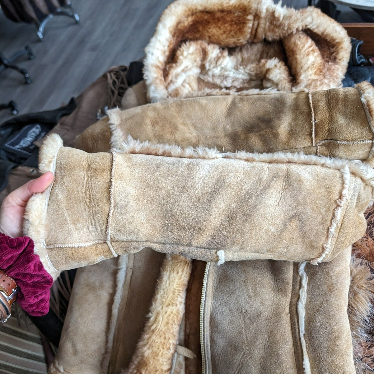 Vintage Tan Suede Shearling Coat Brown Wool Jacket Boho Chic Fur Coat Hood XS