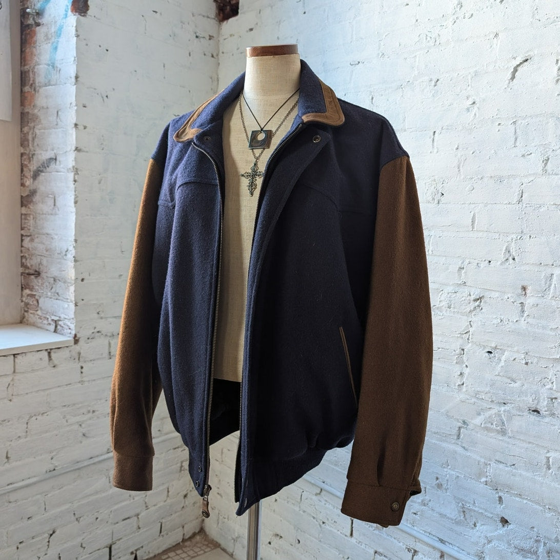 Vintage Navy Wool Leather Bomber Jacket Brown Varsity Western Utility Coat Large