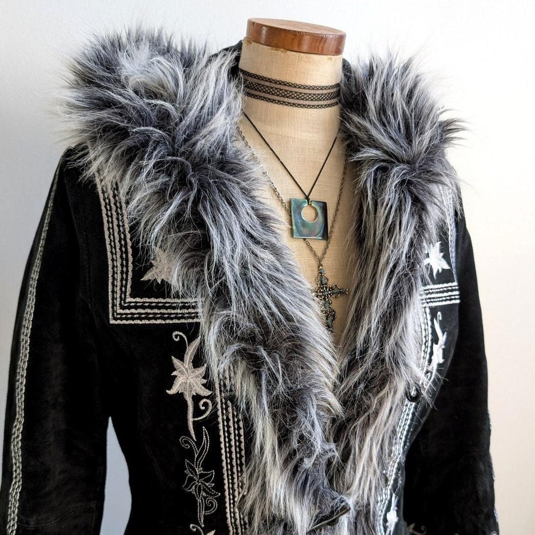 Vintage Black Suede Coat Penny Lane Groovy Faux Fur Jacket Afghan Trench Medium