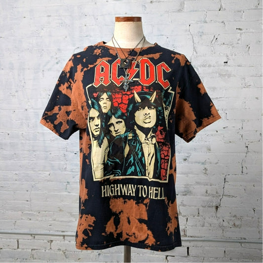 70s Retro Black Distress Graphic Print Concert Band Tee ACDC Rock Acid Wash Top