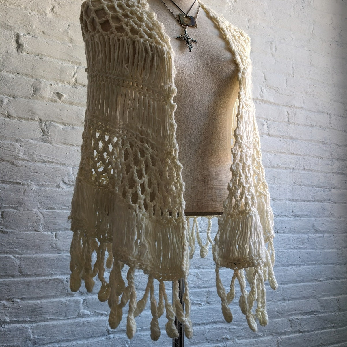 Vintage Japanese Hand Crochet Wrap Fringe Minimalist Festival Boho Sweater Shawl