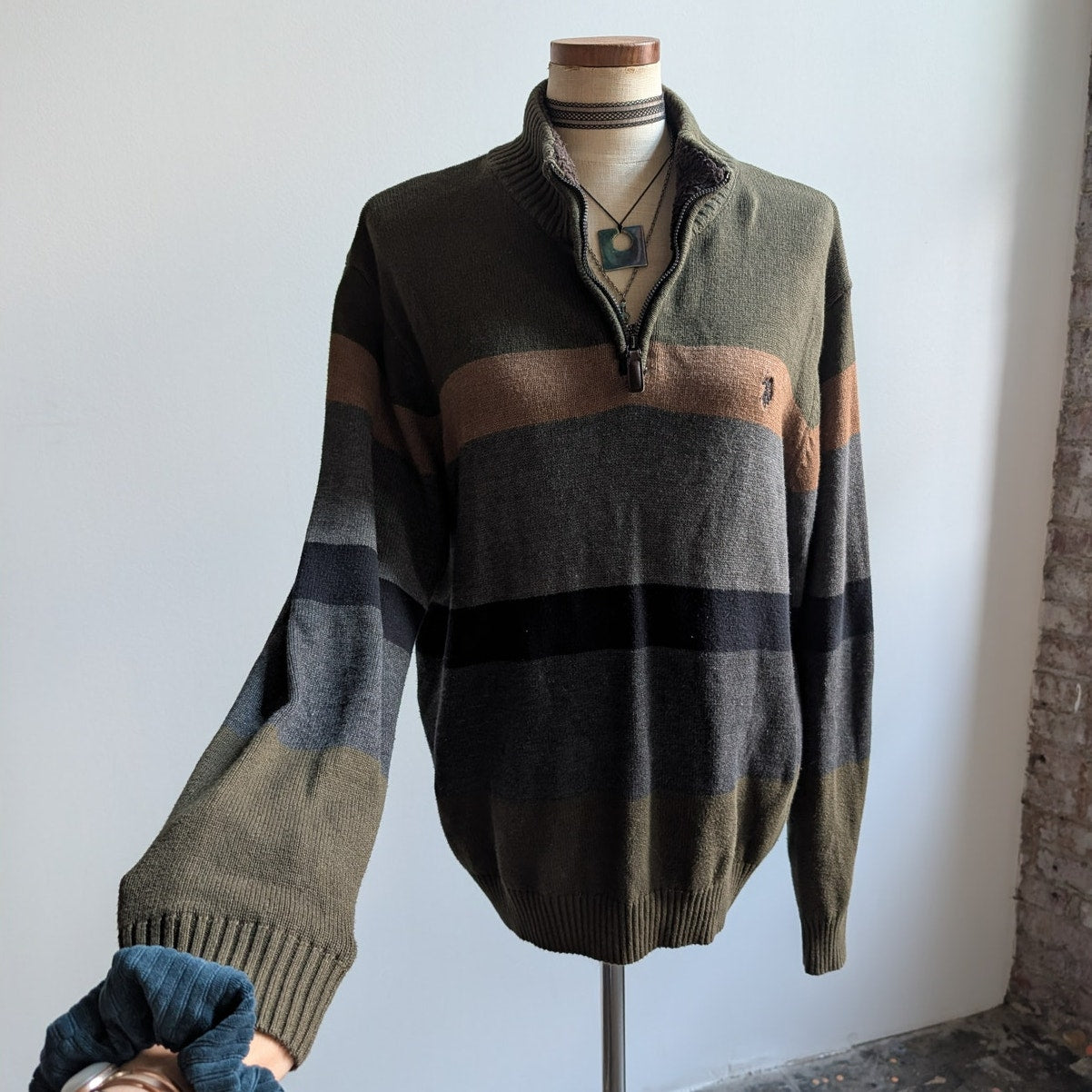 Vintage Green Striped Knit Sweater Earthy Minimalist Grunge Preppy Fleece Large