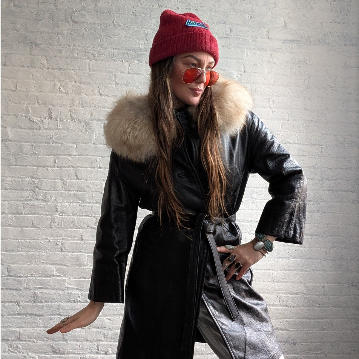 Vintage Black Genuine Leather Penny Lane Coat Fox Fur Trench Minimalist Jacket