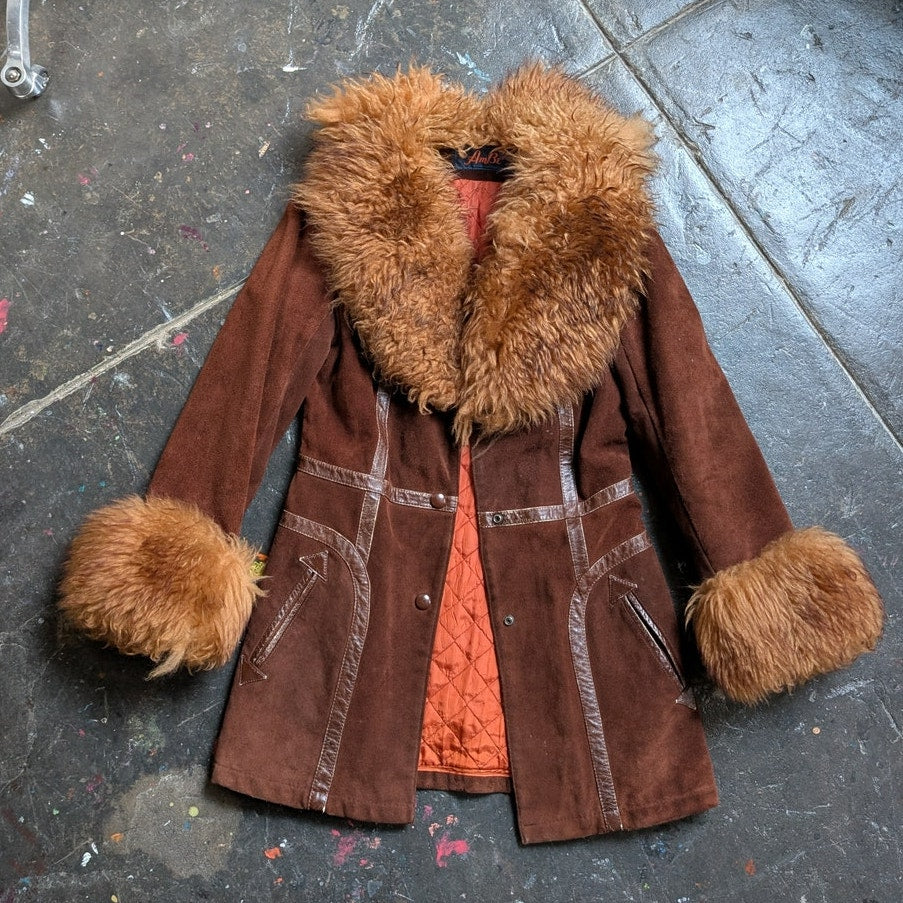 Vintage Brown Suede Penny Lane Jacket Groovy Fur Coat 70s Leather Western Medium