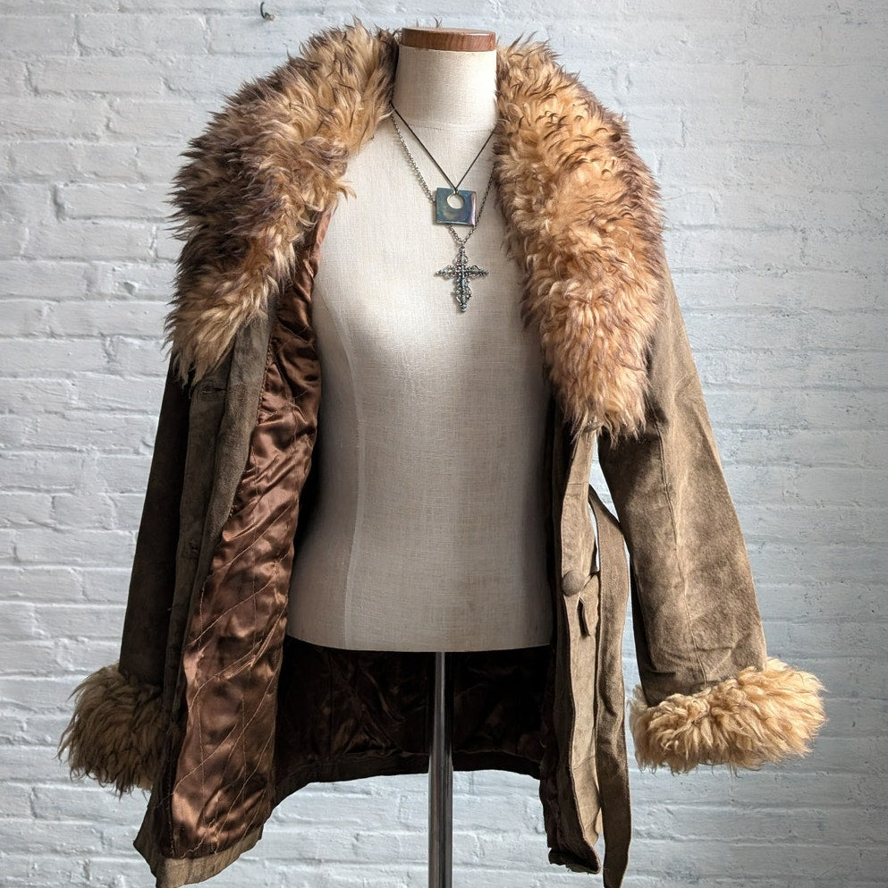 Vintage Brown Suede Penny Lane Jacket Fur Furry Leather Groovy Mod Trench Coat