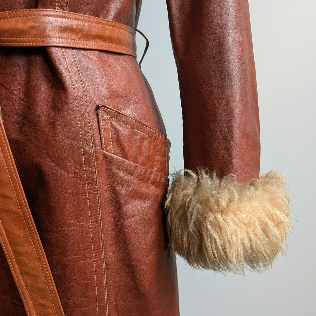 Vintage Leather Jacket Red Brown 70s Penny Lane Trench Coat Afghan Fur Medium