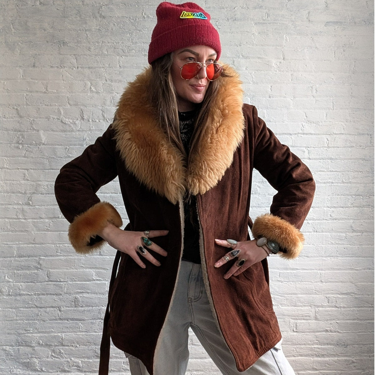 Vintage Brown Suede Penny Lane Coat Faux Fur Furry Afghan Leather Groovy Jacket