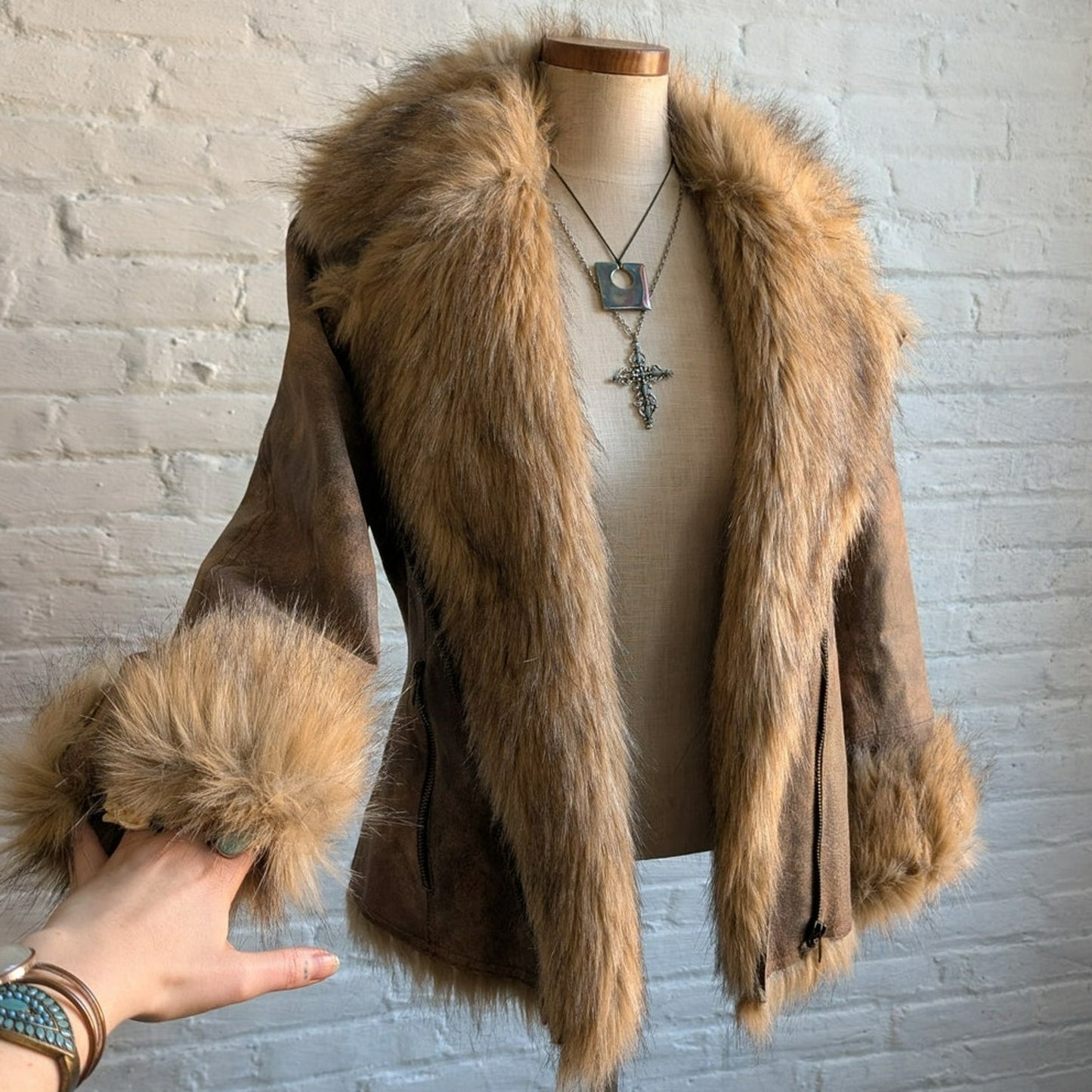 Vintage Brown Leather Fur Penny Lane Jacket Groovy Afghan Almost Famous Y2K Coat