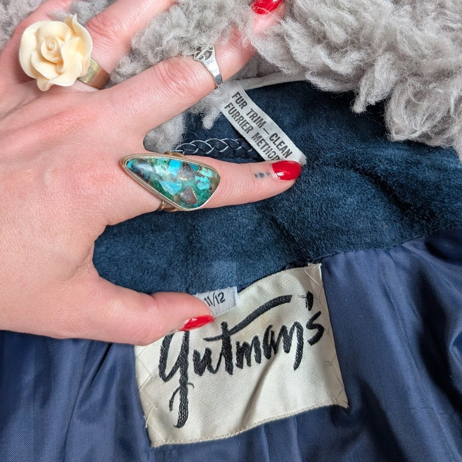 70s Vintage Blue Suede Penny Lane Fur Coat Leather Jacket Trench Boho Medium