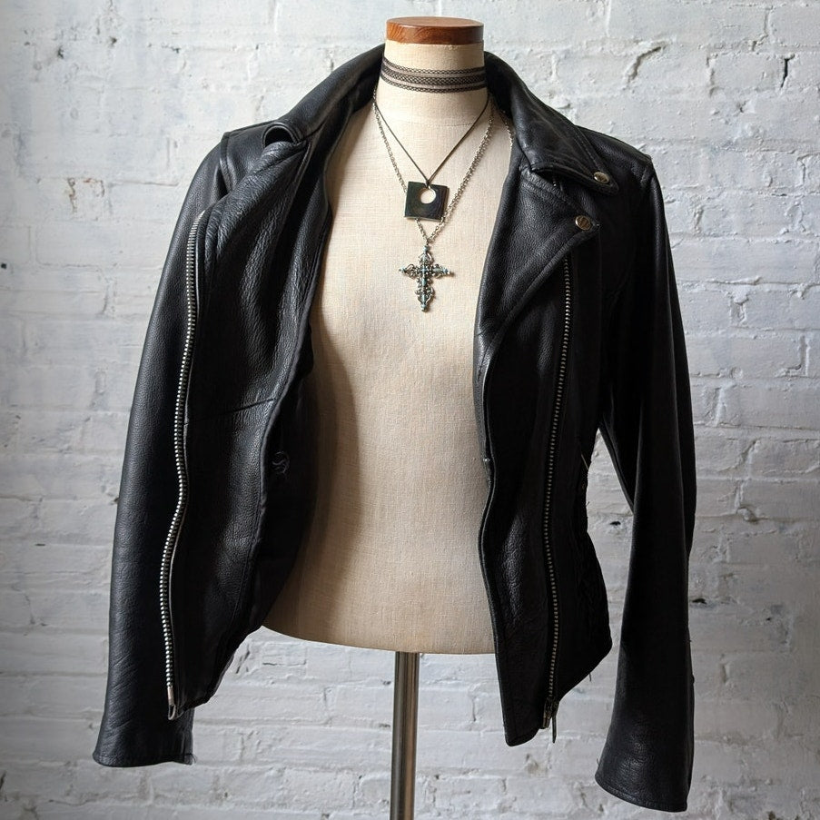 Vintage Black Leather Biker Jacket Minimalist Chic 90s Black Leather Coat Small