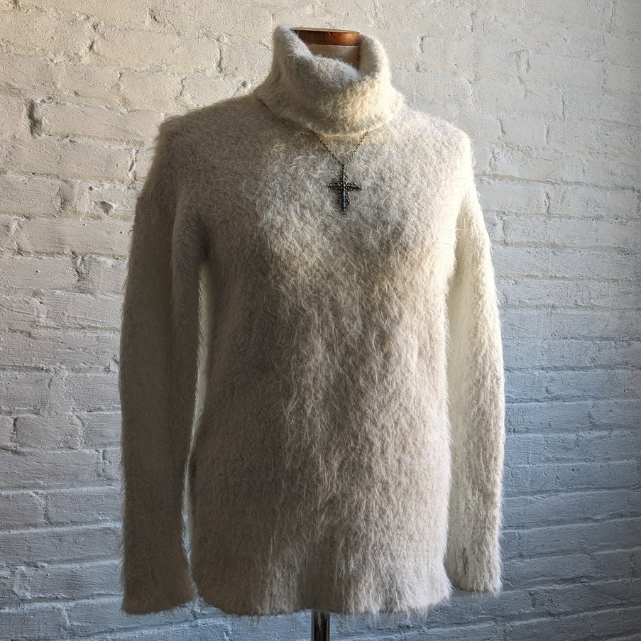 Vintage White Fuzzy Knit Sweater Preppy Furry Minimalist Turtleneck Top Small