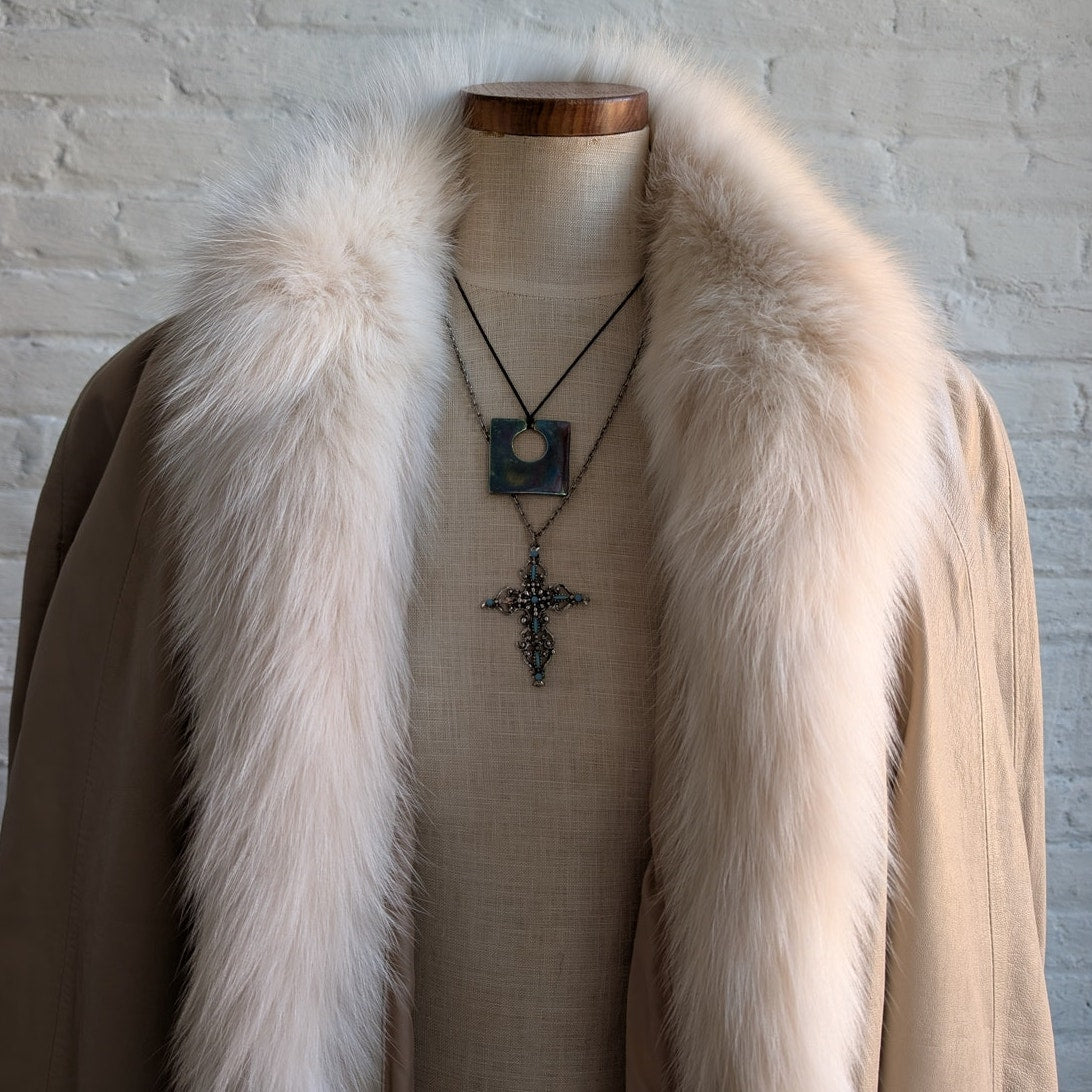 Vintage White Leather Snakeskin Trench Coat Minimalist Penny Lane Fox Fur Jacket
