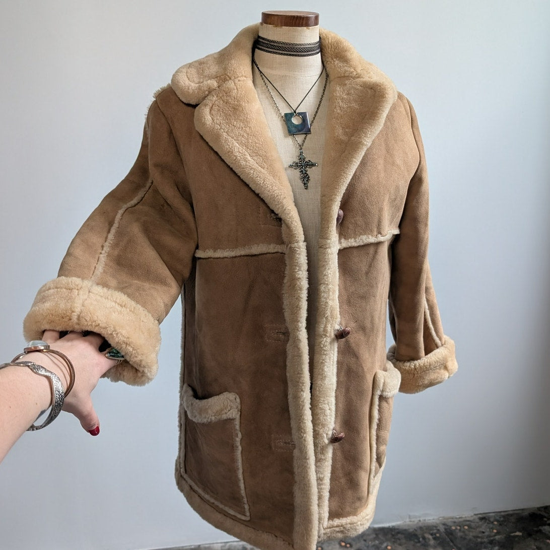 Vintage Brown Suede Shearling Coat Fur Coat Wool Minimalist Winter Jacket Medium