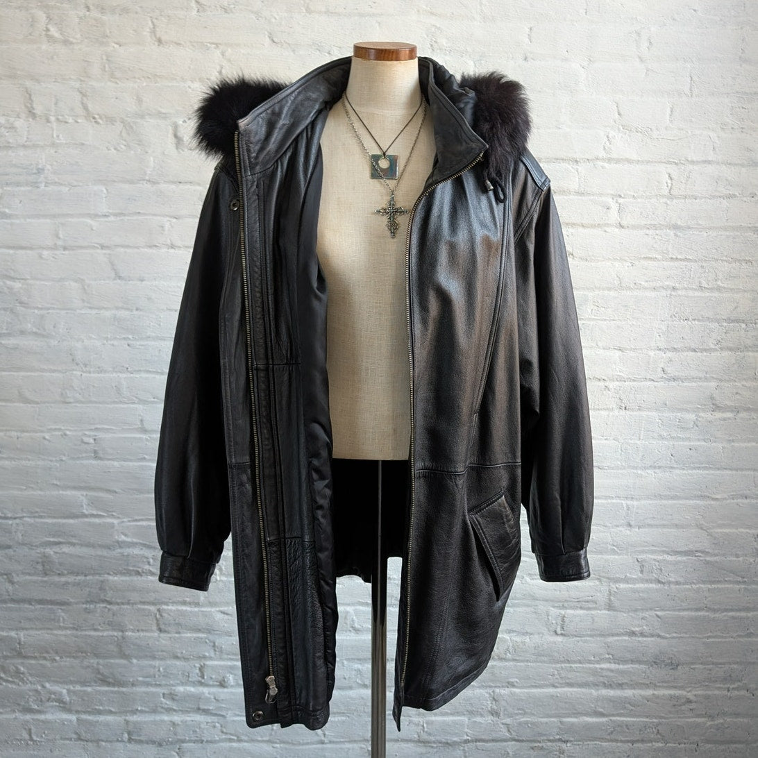 Vintage Black Leather Fox Fur Coat Penny Lane Minimalist Boho Moto Grunge Jacket