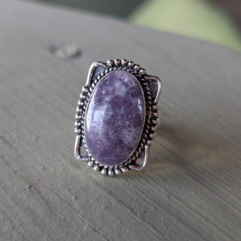 Purple Swirl Oval Sterling Silver Ring Retro Vintage Boho Natural Stone Size 7