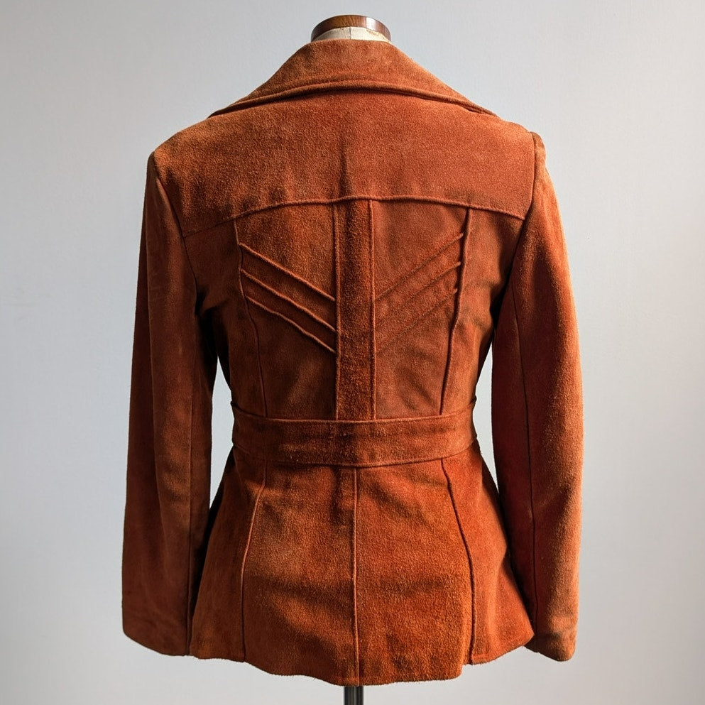 Vintage Orange Brown Suede Jacket Belted Leather Coat Western Rust Red 70s Small