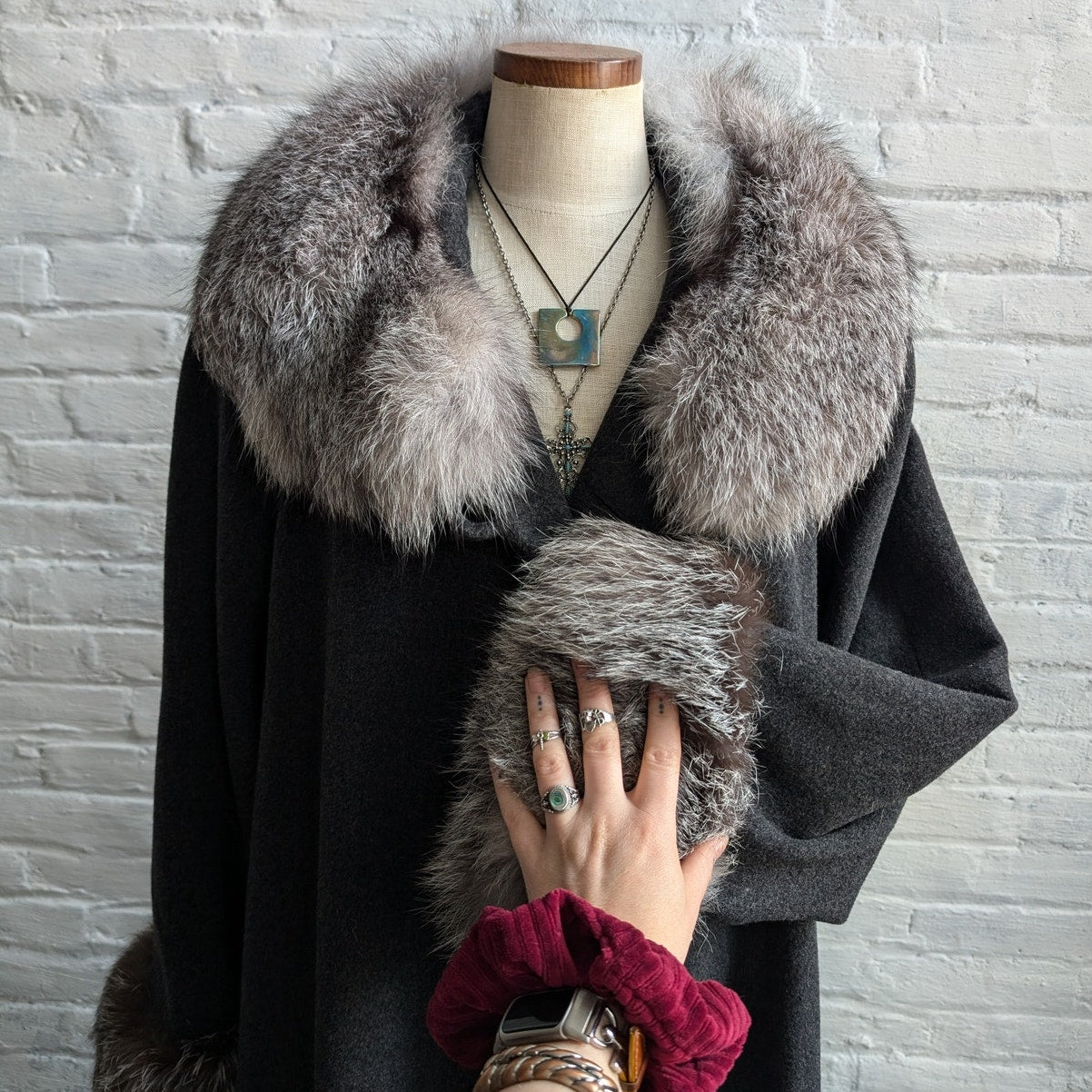 Vintage Gray Wool Fox Fur Penny Lane Coat Dark Academia Trench Afghan Jacket