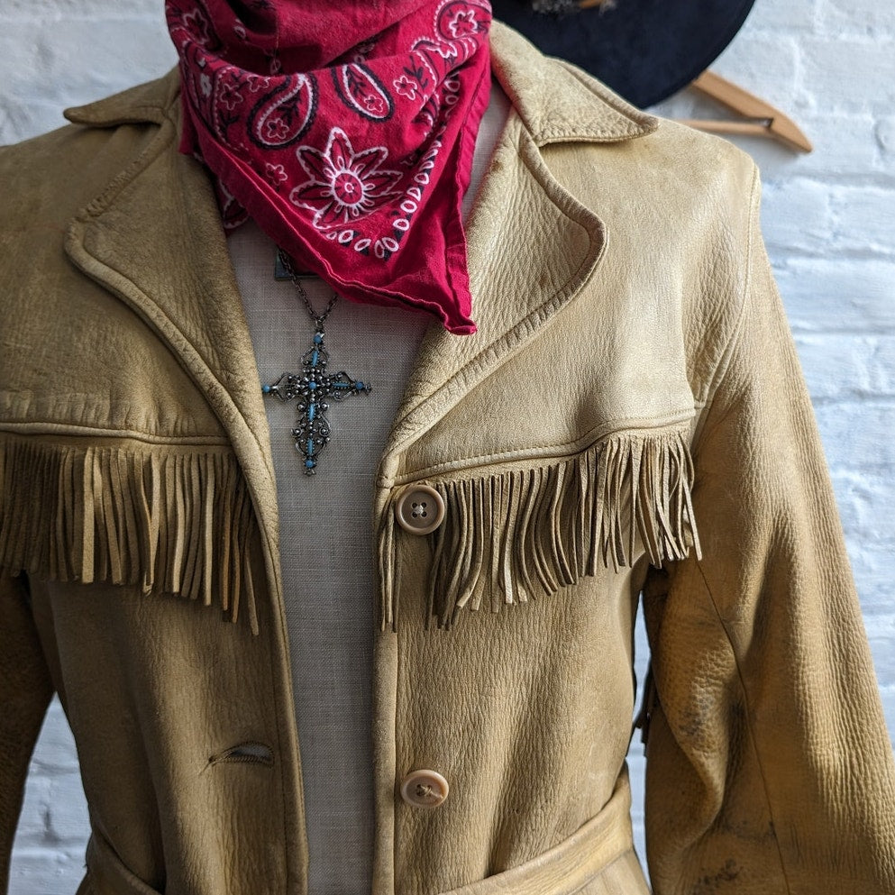 Vintage Tan Leather Fringe Jacket Western Minimalist Witchy Boho Cowgirl Blazer