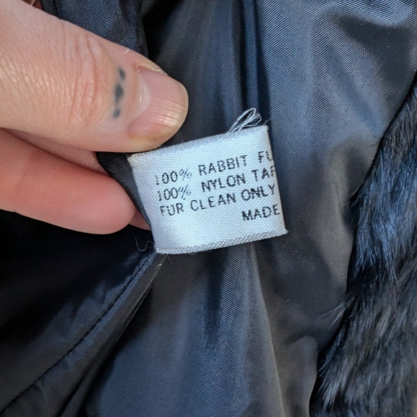 Vintage Jet Black Fur Coat Leather Belted Minimalist Rabbit Furry Fuzzy Jacket