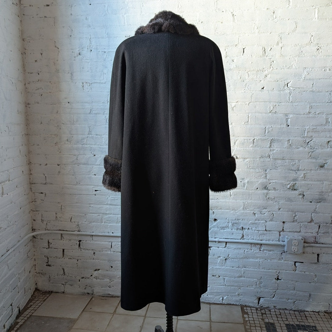 Vintage Black Wool Trench Coat Faux Fur Minimalist Penny Lane Grunge Goth Jacket