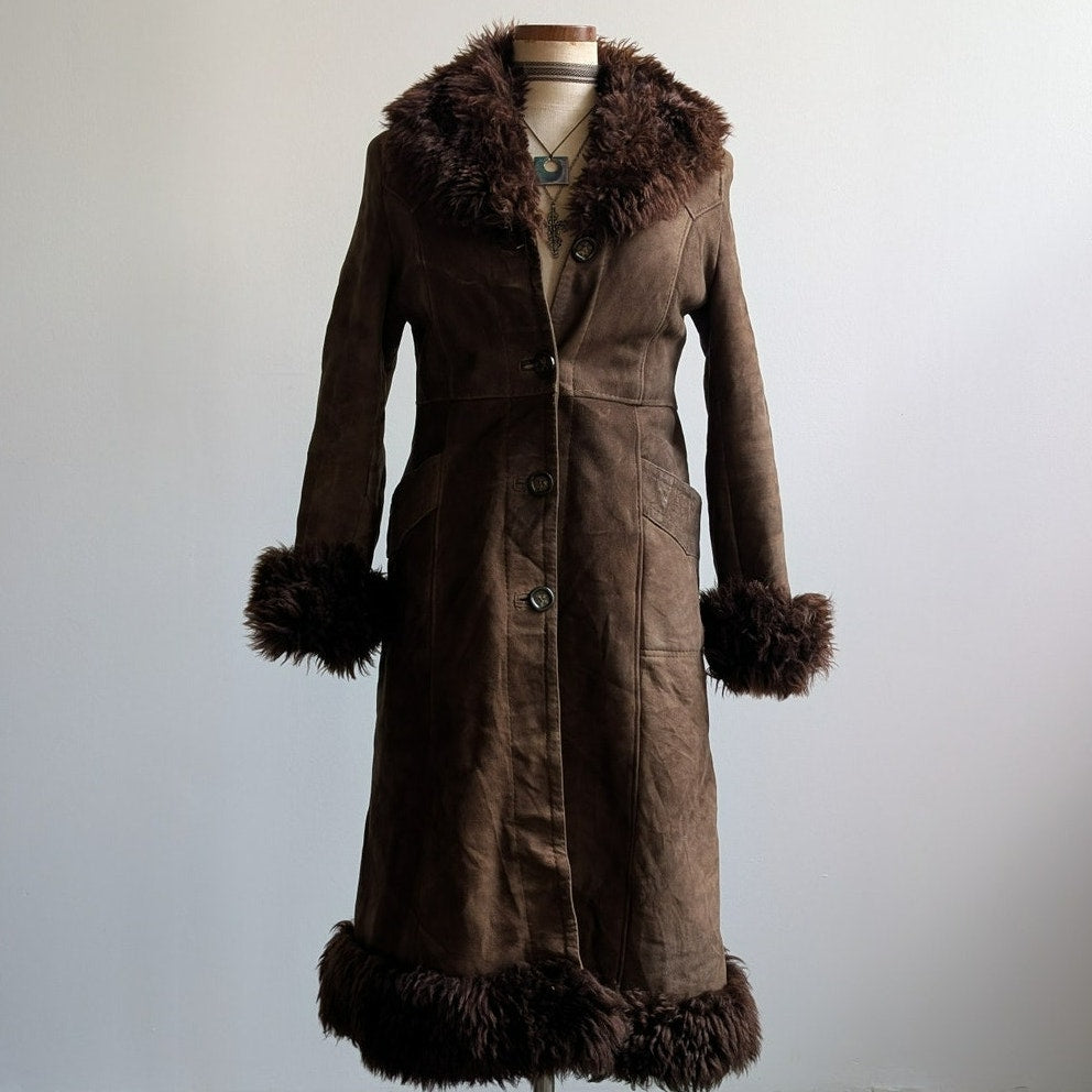 Vintage Brown Suede Penny Lane Jacket Fur Furry Leather Groovy Trench Coat Small