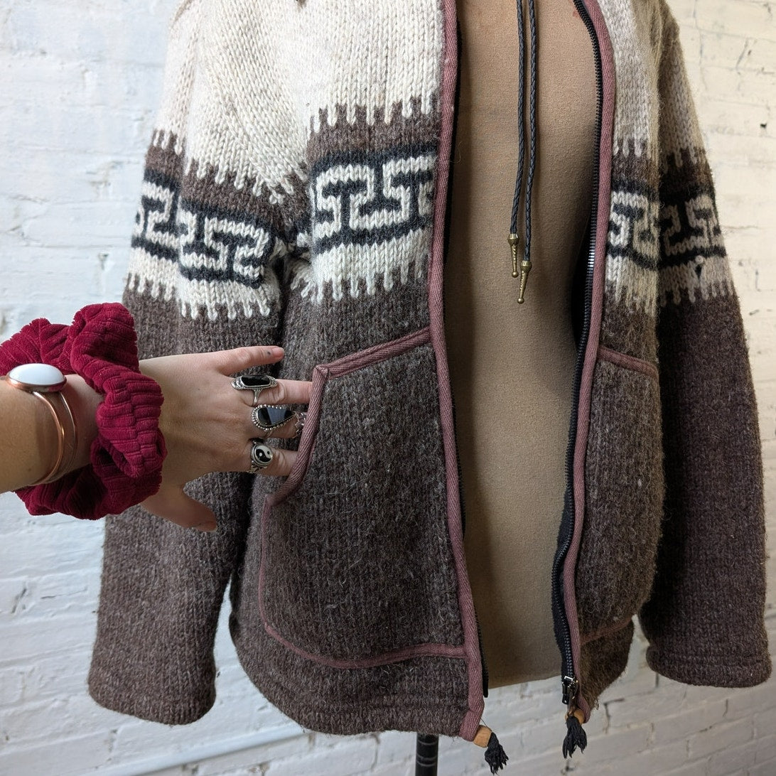 Vintage Hand Knit Wool Fleece Jacket Fuzzy Chunky Grandpa Sweater Nordic Coat