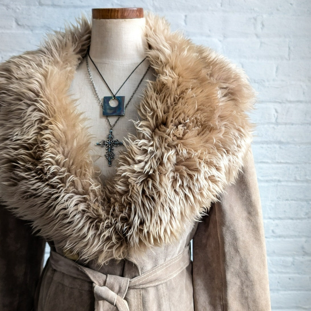 70s Vintage Brown Leather Penny Lane Coat Tan Suede Fur Groovy Boho Afghan Coat