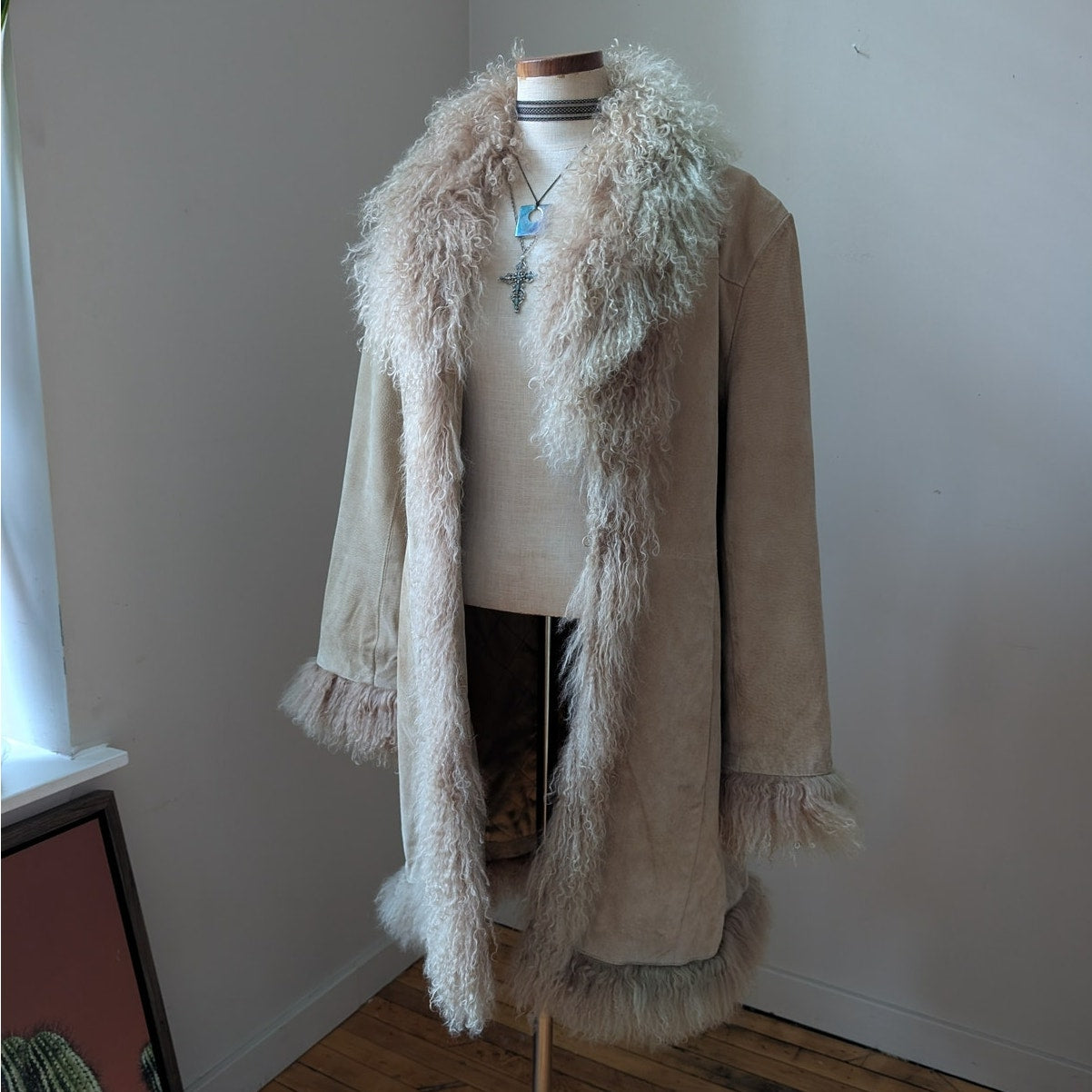 Vintage Tan Suede Penny Lane Jacket Fur Coat Groovy Leather Trench Coat Large