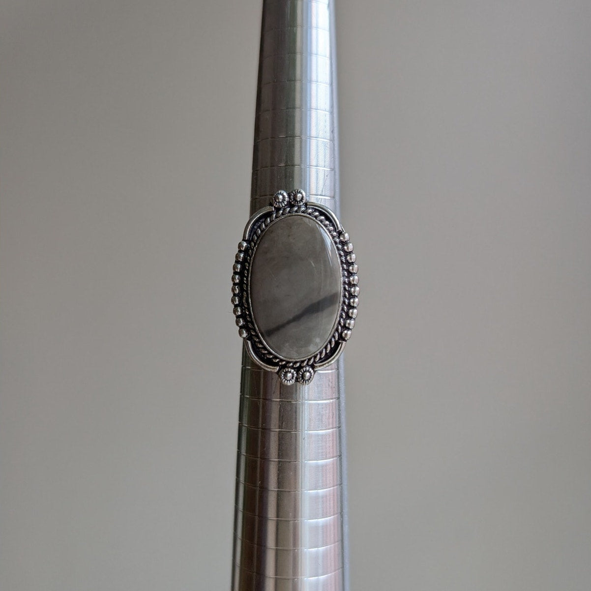 Grey Swirl Oval Sterling Silver Ring Retro Vintage Boho Natural Stone Size 7.25