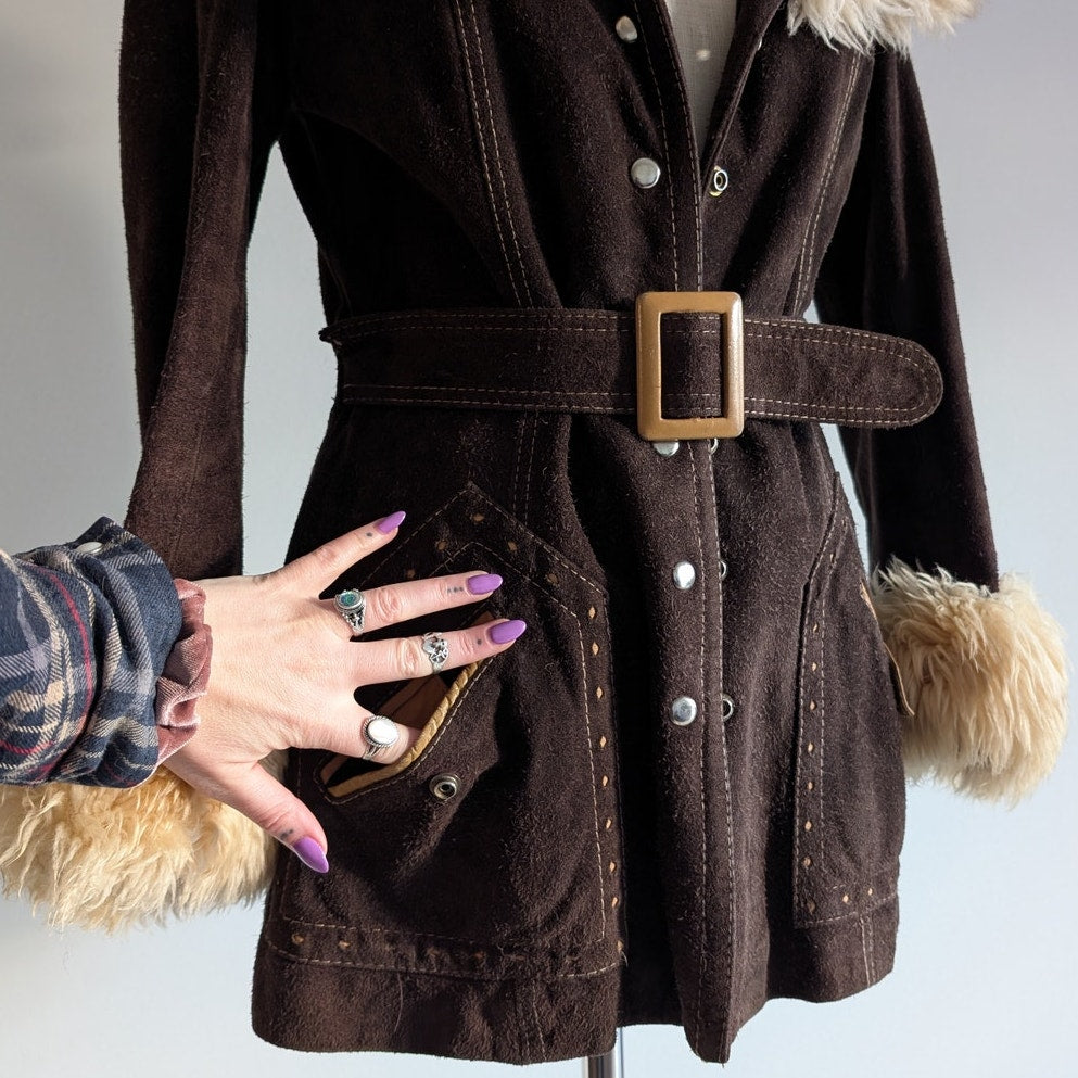 Vintage 70s Brown Suede Jacket Penny Lane Coat Shearling Fur Trim Western Small