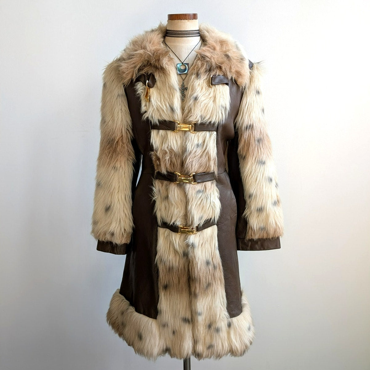 Vintage Cheetah Faux Fur Afghan Coat Leather Penny Lane Shaggy Trench Jacket