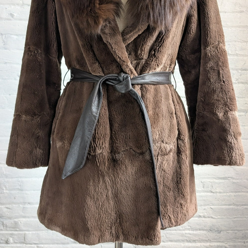 Vintage Brown Fox Fur Penny Lane Coat Mob Wife Leather Belted Furry Trench Coat
