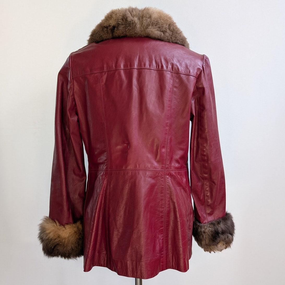 Vintage Red Leather Jacket Penny Lane Fur Trim Coat Grunge Boho Bomber Medium