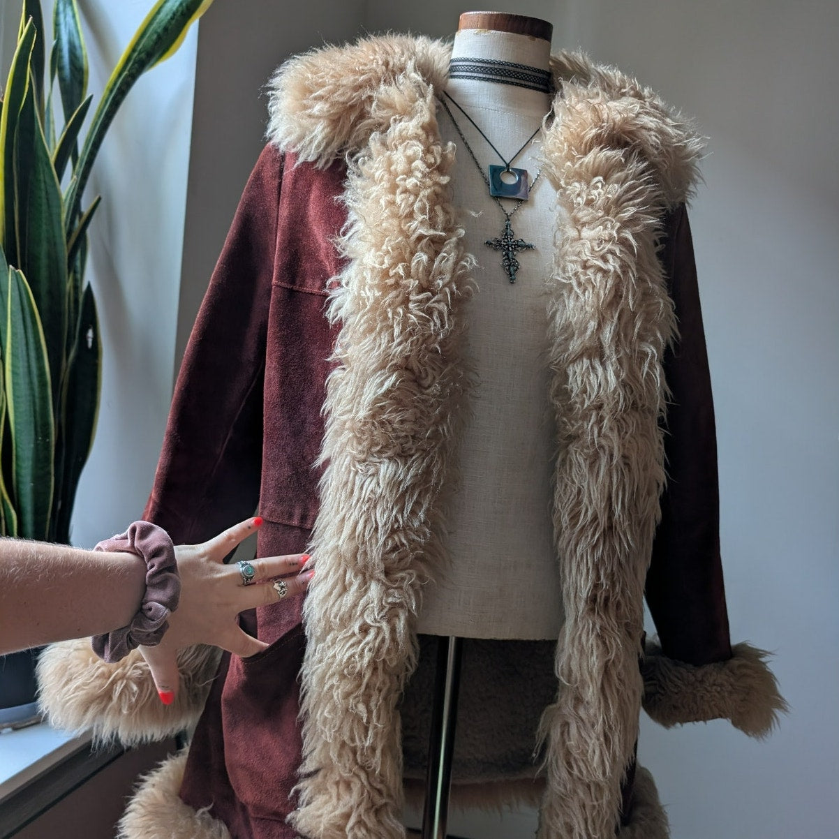 Vintage Red Suede Jacket Leather Penny Lane Coat Fur Trim 70s Trench Coat Small