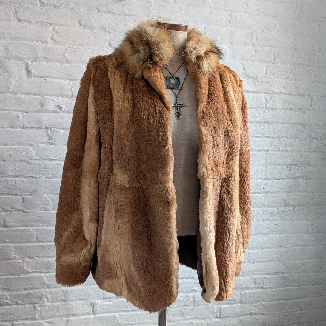 Vintage Rust Orange Rabbit Fur Coat Fuzzy Mobwife Cozy Plush Western Boho Jacket