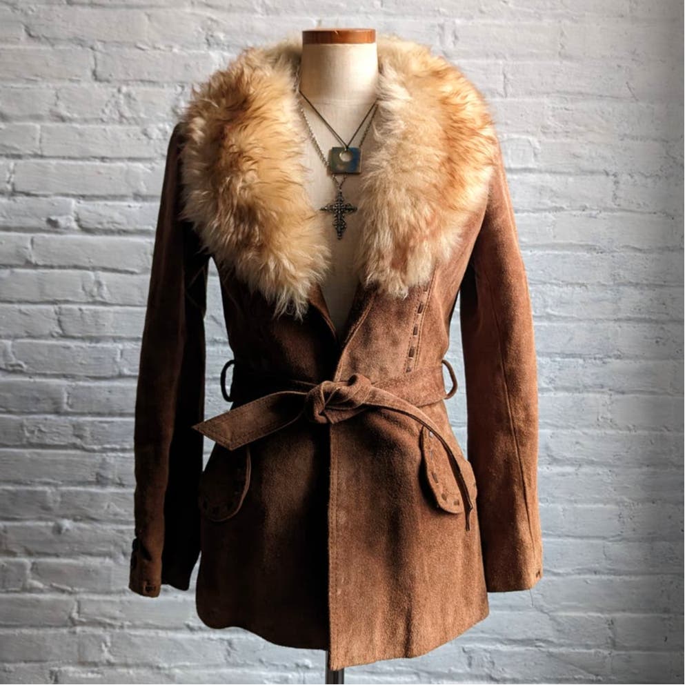 70s Penny Lane Groovy Suede Fur Jacket Furry Genuine Leather Mod Trench Coat